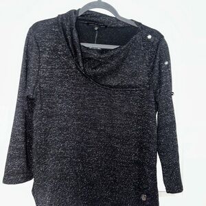 Adrienne Vittadini Black and Silver Blouse with Cowl Neck Long Sleeves Medium